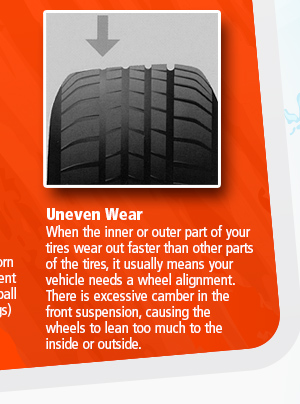 Uneven Wear When the inner or outer part of your tires wear out faster than other parts of the tires, it usually means your vehicle needs a wheel alignment. There is excessive camber in the front suspension, causing the wheels to lean too much to the inside or outside.